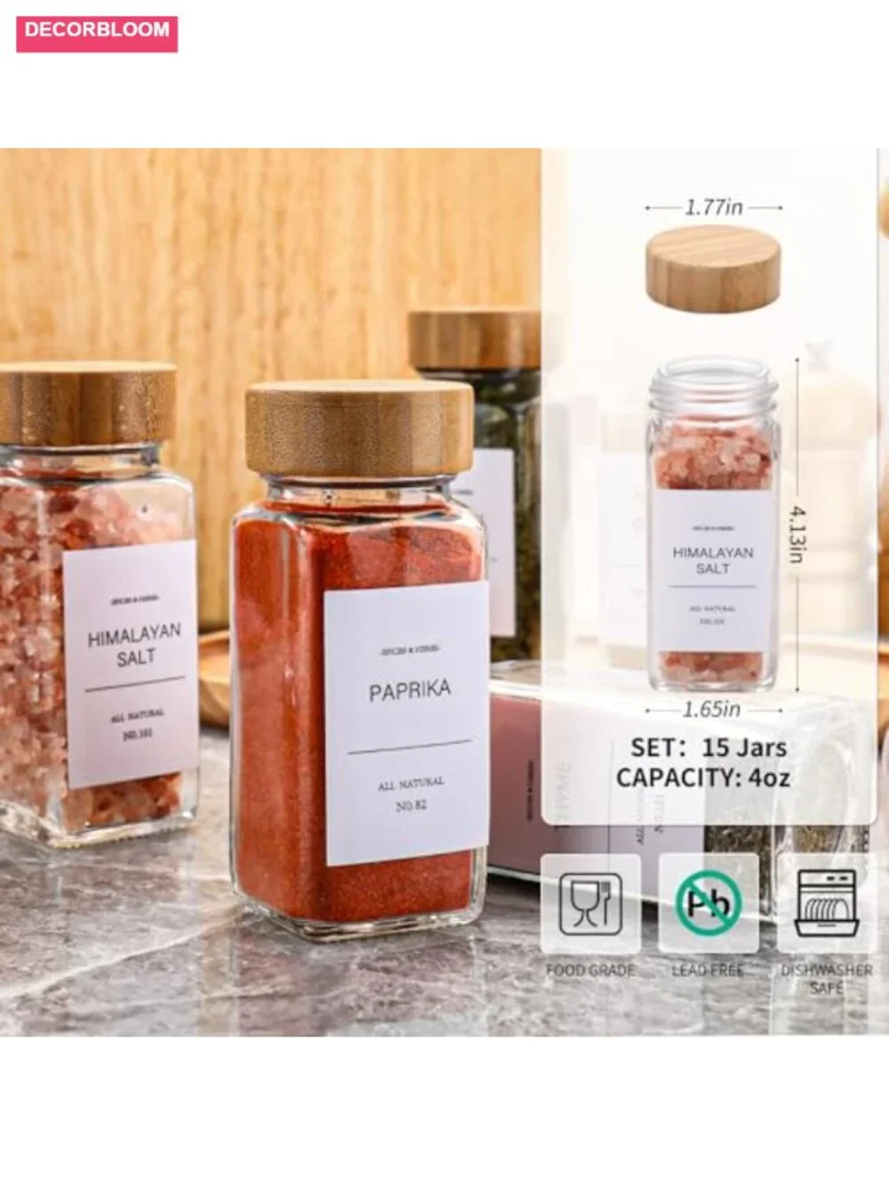 24-Piece Glass Spice Jars with Bamboo Lids, 4 oz Each, Kitchen Organization Set